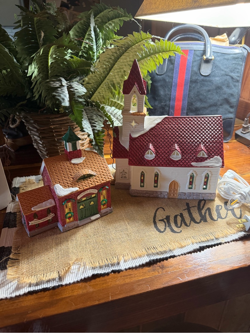 Department 56 Red and White Ceramic Good Shepherd Church Lighted
